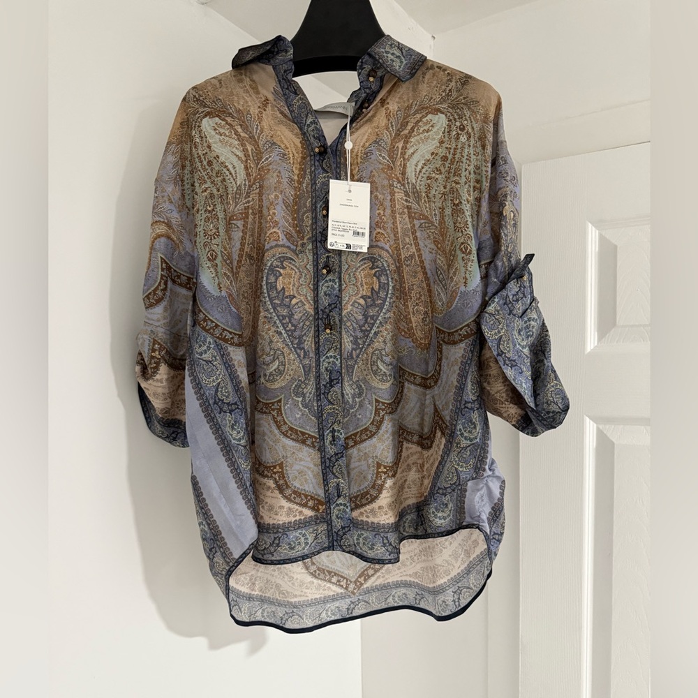 Zimmermann wanderlust paisley print silk short sleeve shirt size AU2 US 8